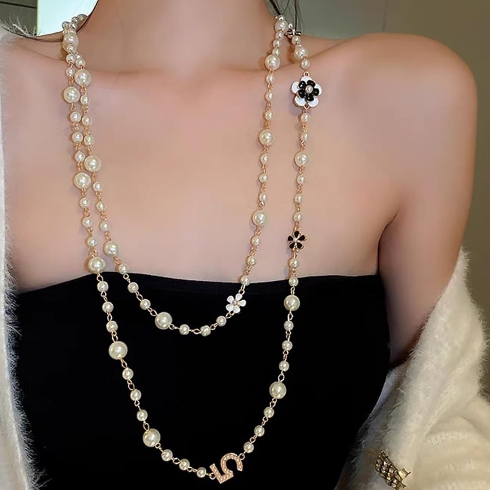 Long Layered Pearl Necklace Flower & 5 Charm